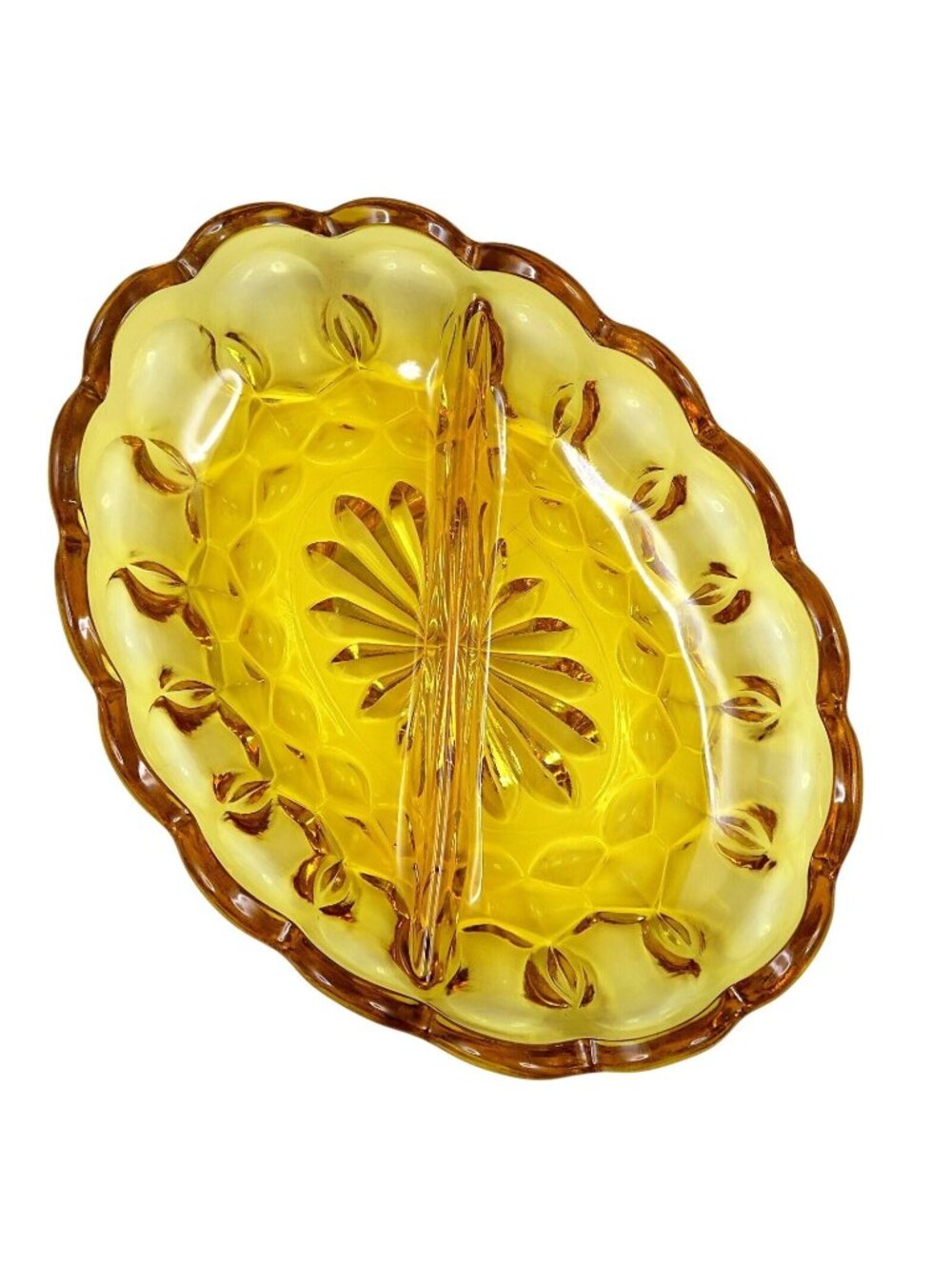 Anchor Hocking Fairfield Amber 7" 2-Part Oval Relish Dish 1970s Glassware